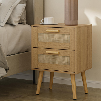Boho Rattan Nightstand with 2 Woven Drawers | Natural Bedside Table