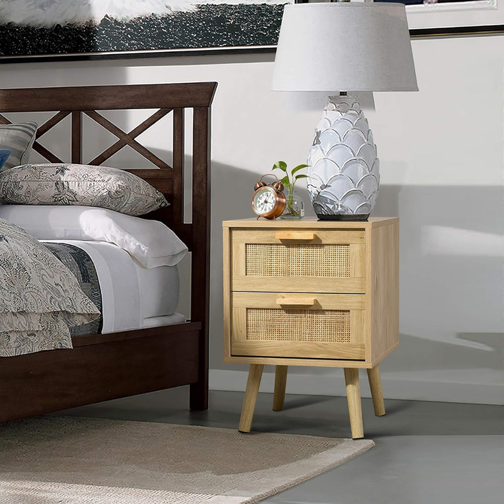 Boho Rattan Nightstand with 2 Woven Drawers | Natural Bedside Table